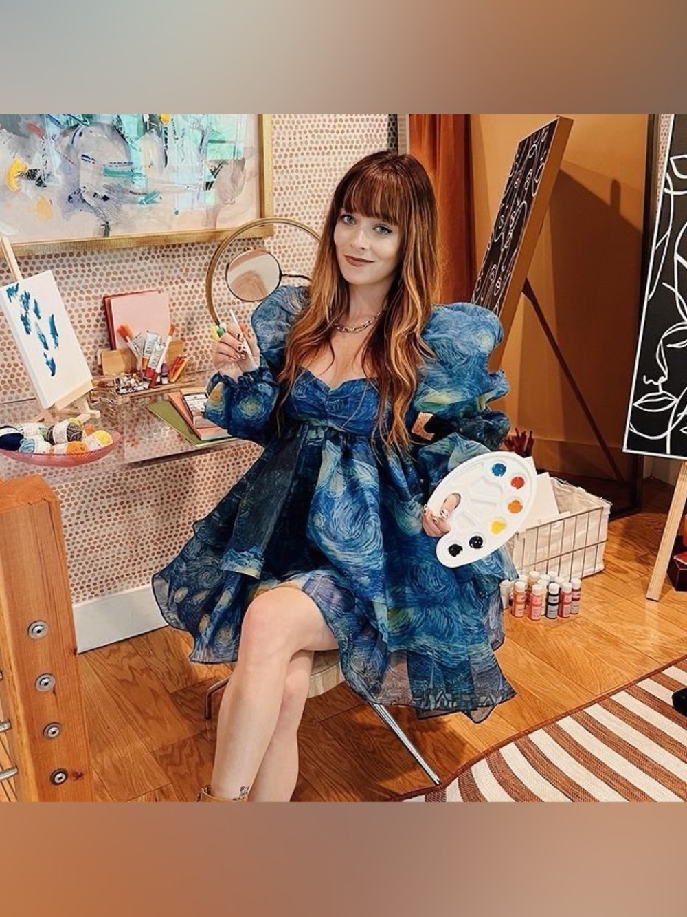 Selkie Starry Night Moonlight Puff Dress Van Gogh Print Medium EUC - Picture 10 of 13